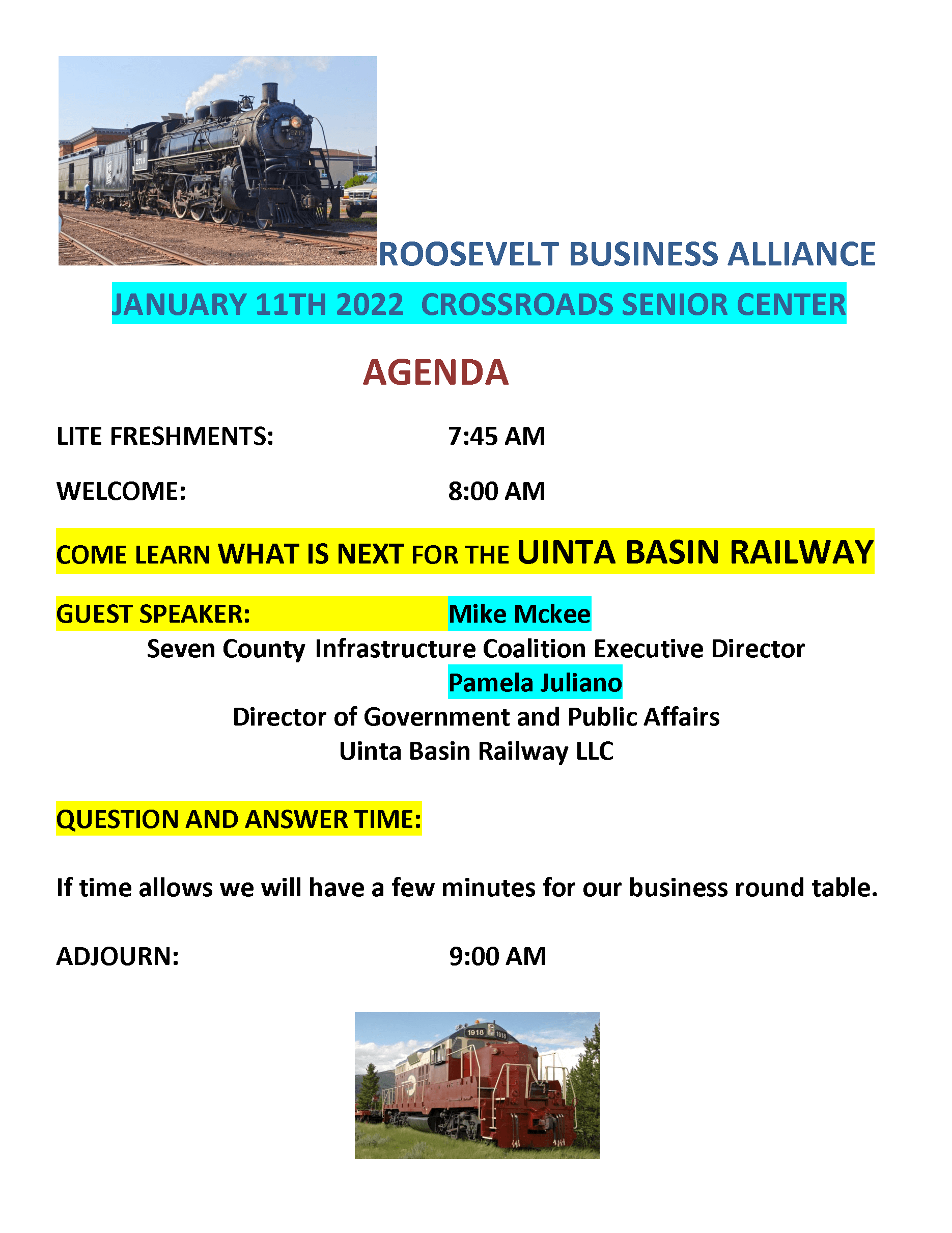 ROOSEVELT BUSINESS ALLIANCE JANUARY AGENDA