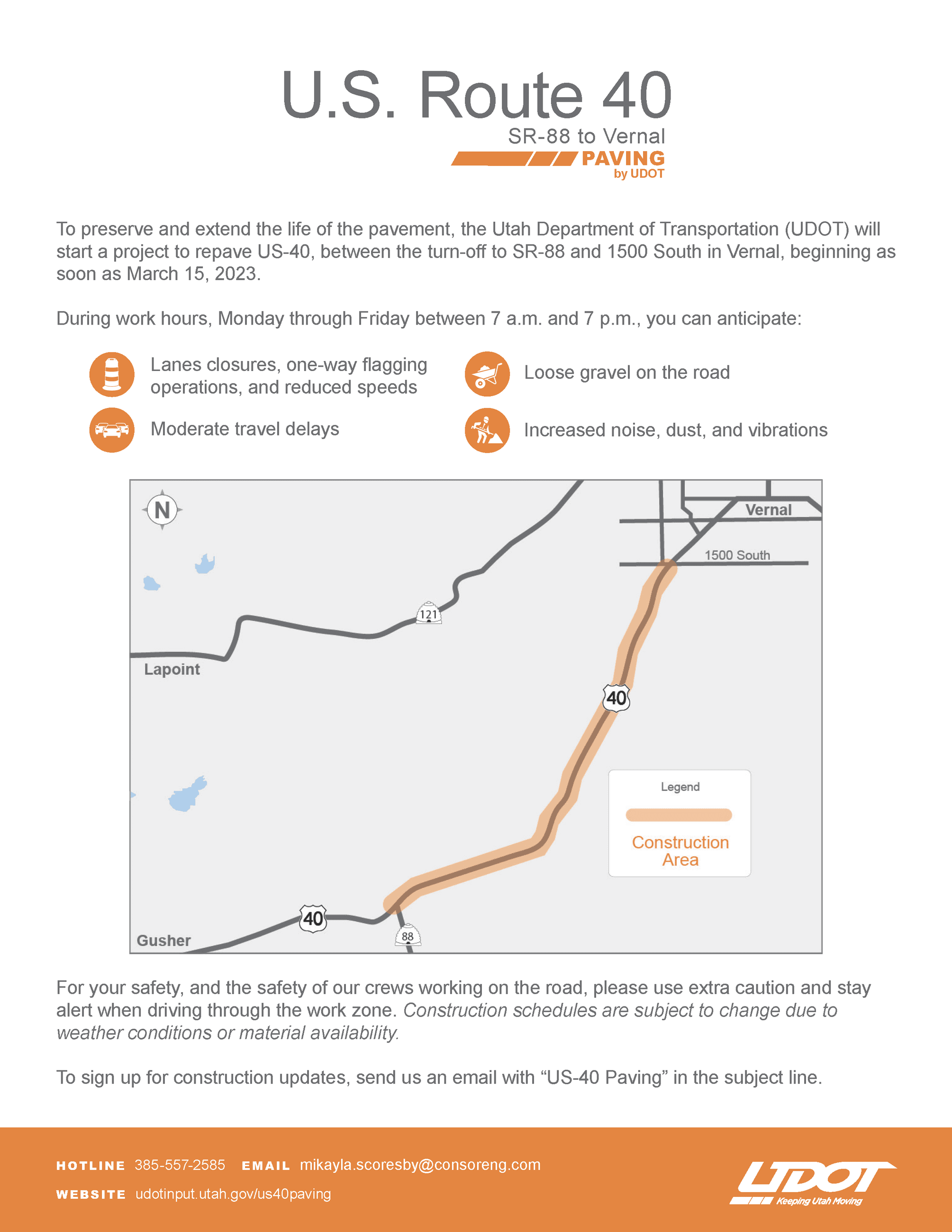 Flyer showing map of roadwork to take place in March 2023 on US 40