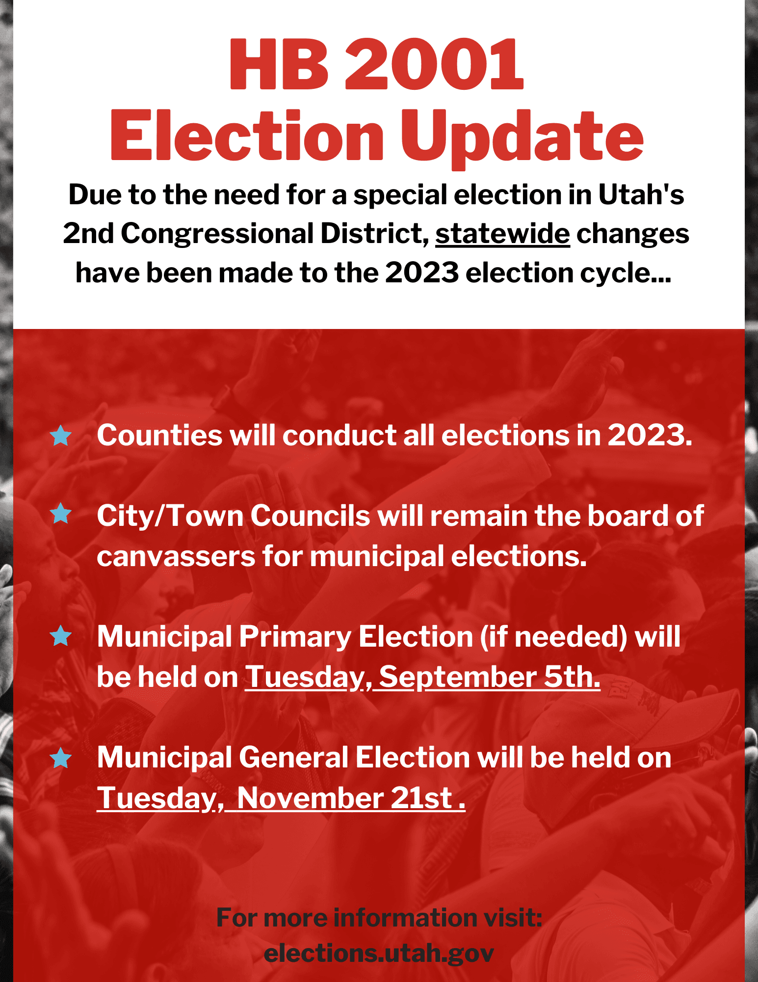 Red and white flyer listing changes made to 2023 election in House Bill 2001