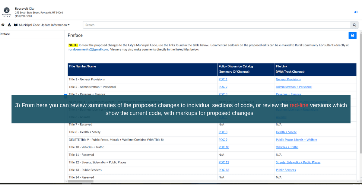 Screenshot of Roosevelt Municipal Code Proposed Changes table with instructions for commenting