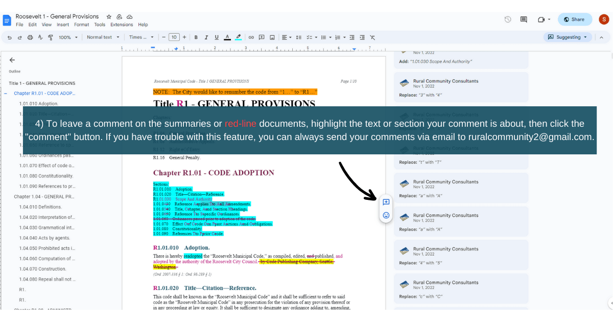 Screenshot of a Google Doc of marked-up city codes with commenting instructions