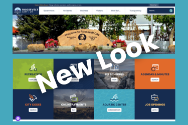 Blue/ multi-color tiled image with text reading 