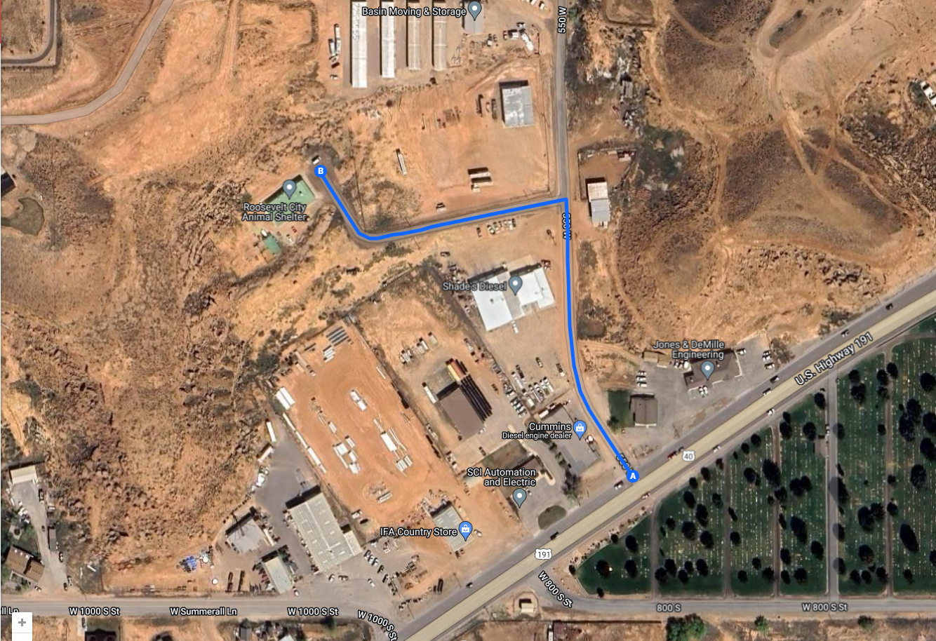 link to Google Maps directions to the Roosevelt Animal Shelter via HWY 40 