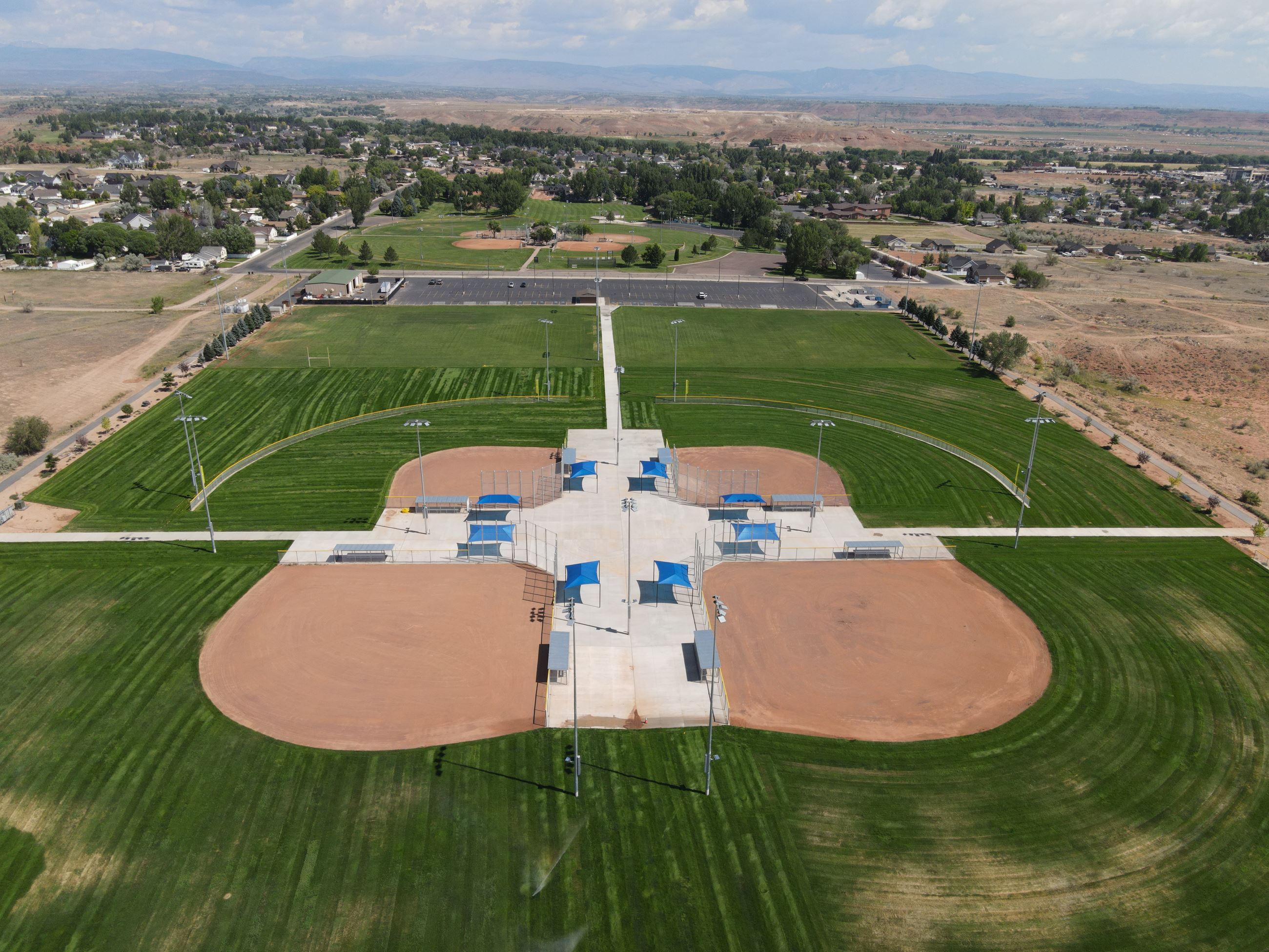 Four baseball diamonds as seen from above