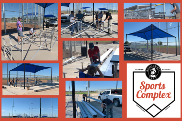 collage of photos of men constructing bleachers at sports complex