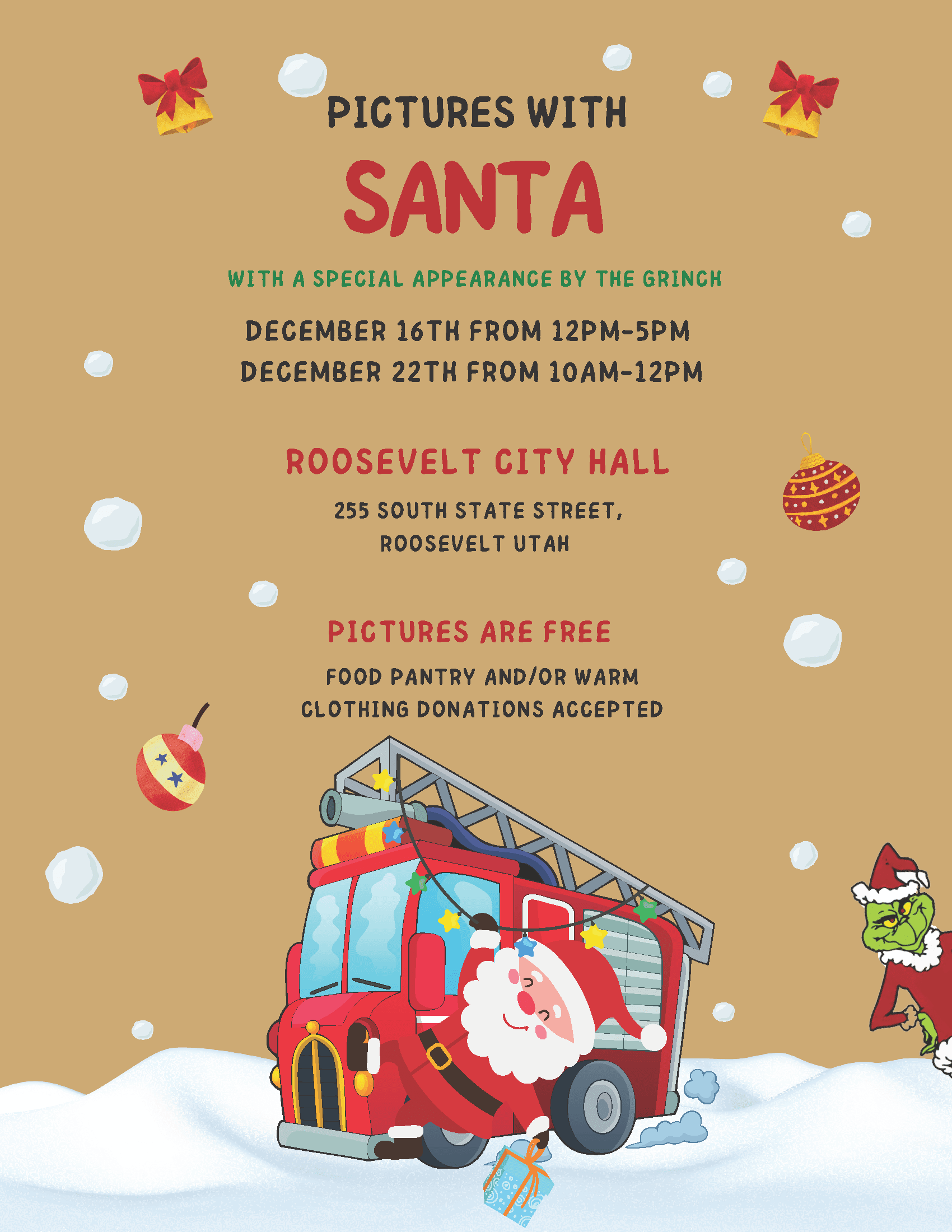 Santa and The Grinch Photos December 16th & 20th at Roosevelt City Hall 