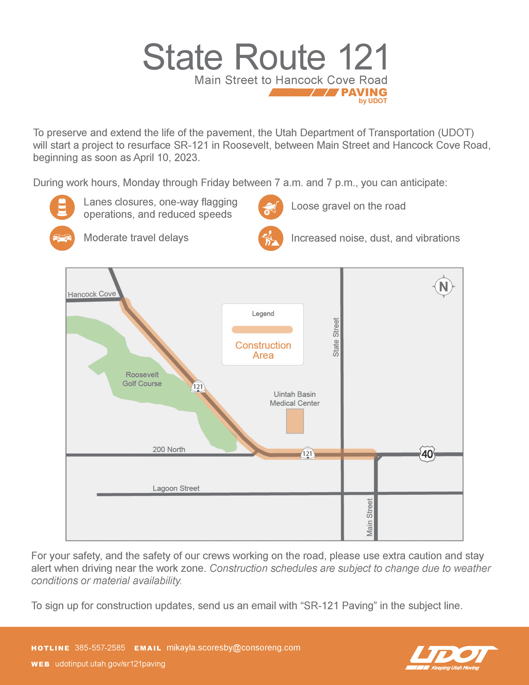 Flyer showing map of roadwork to take place in April 2023 on SR 121