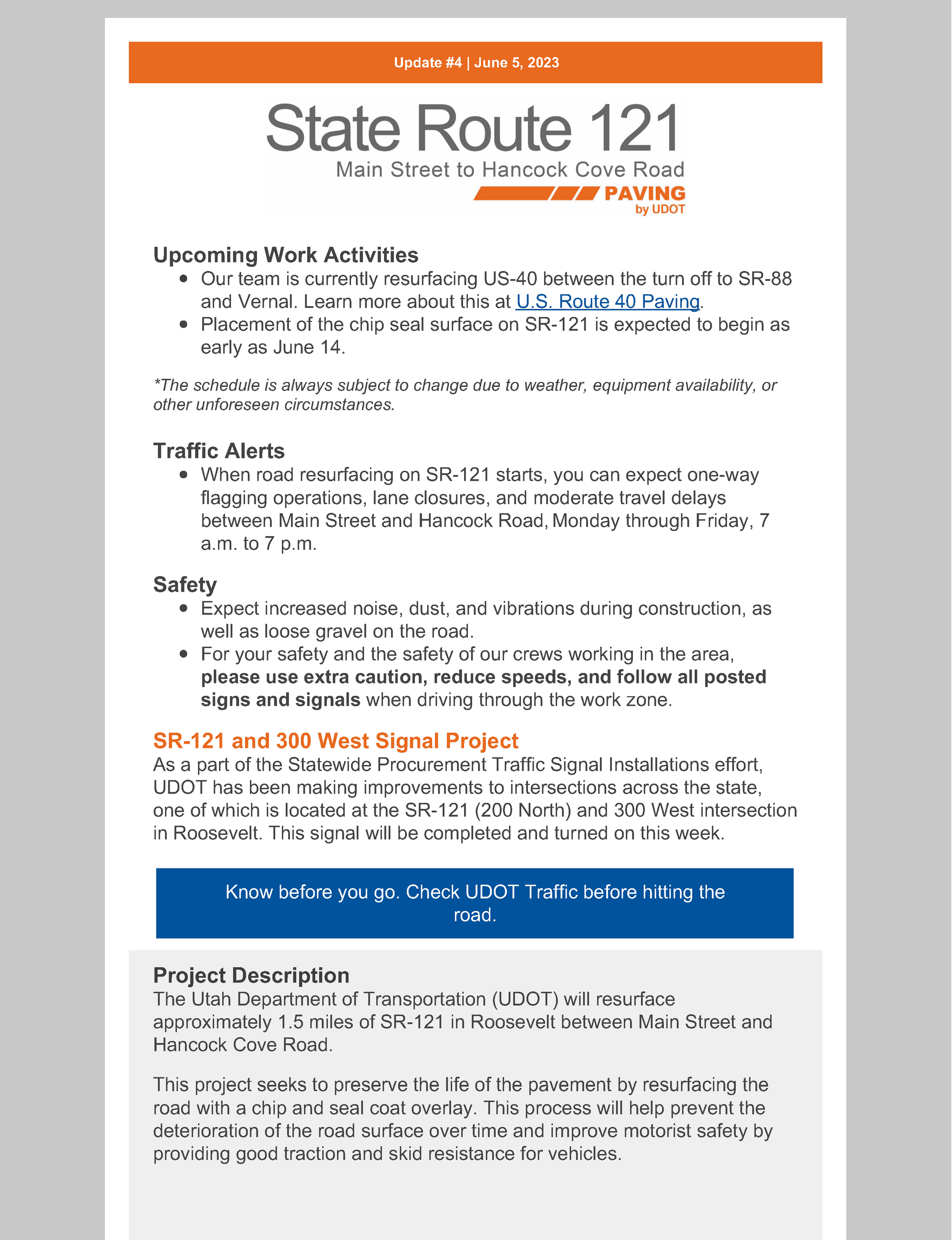 UDOT Flyer listing same update information as published on this page