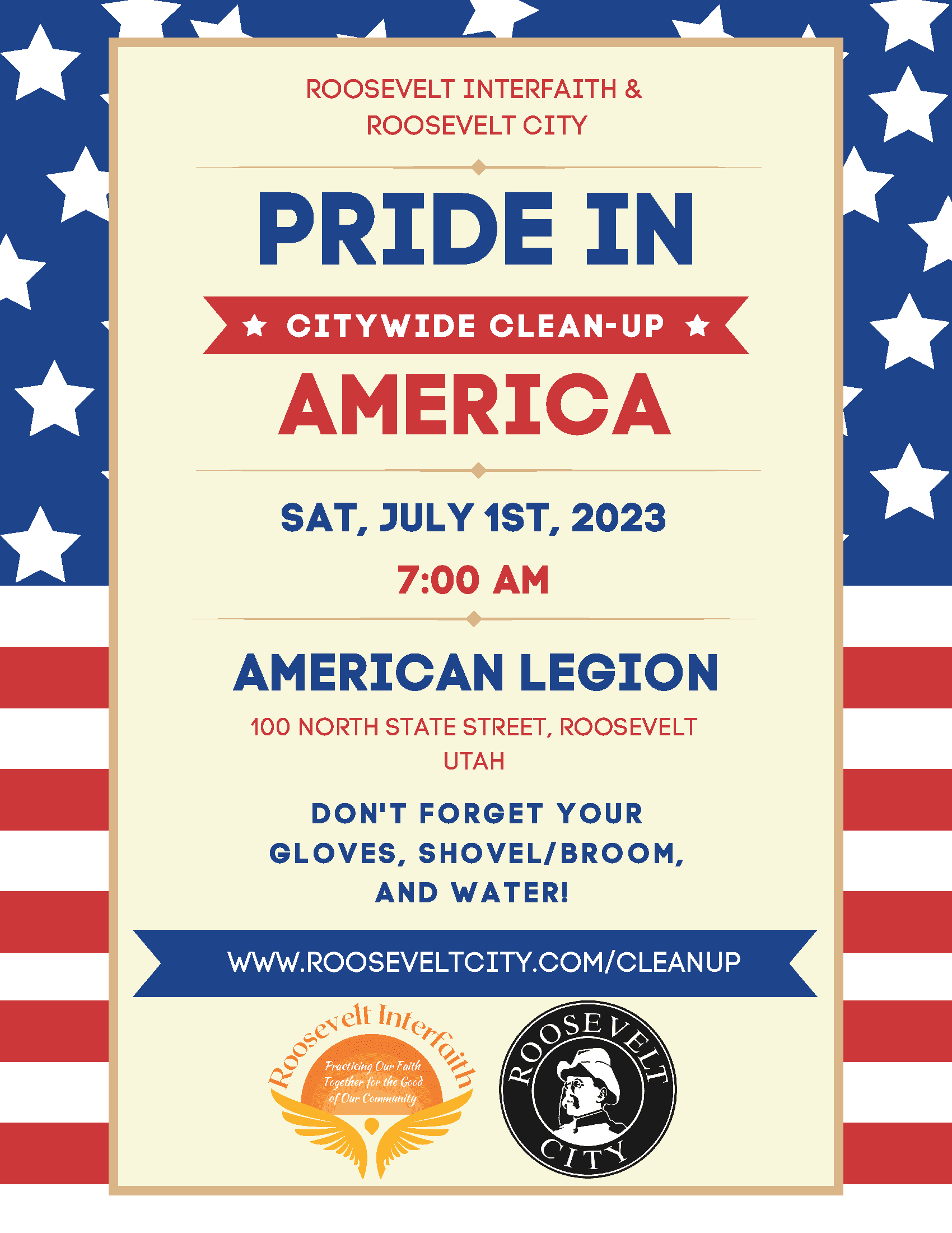 Red white and blue flyer advertising the 2023 citywide cleanup