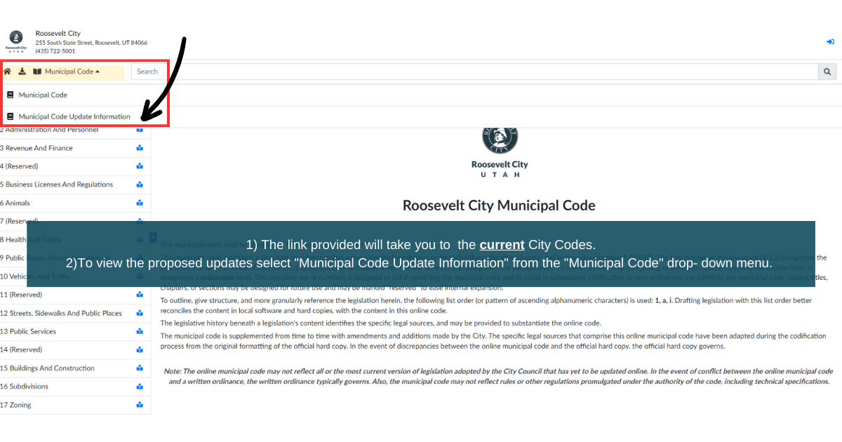 Screenshot of Roosevelt Municipal Code Website with drop-down menu highlighted