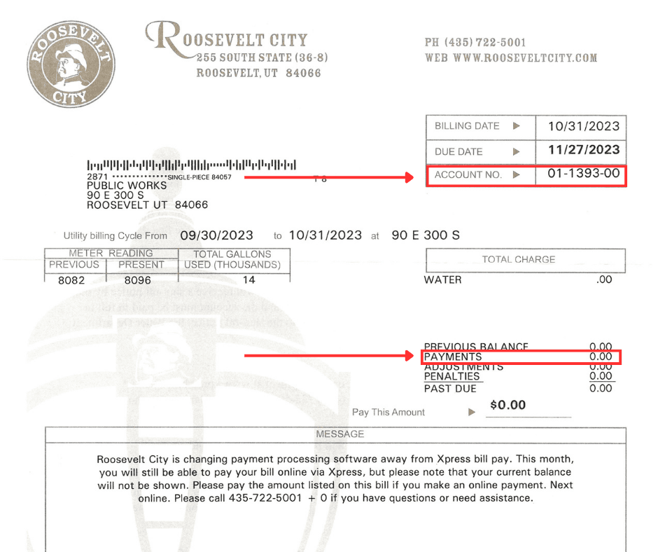 Image of utility bill with account number and last payment amount highlighted.
