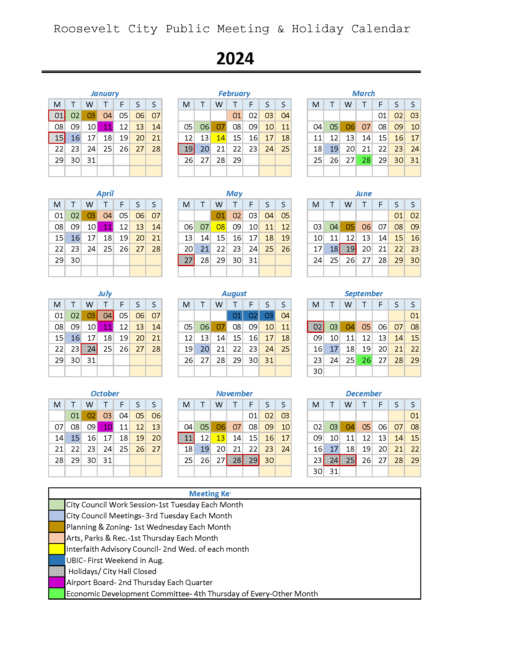 2024 Public Meeting and Holiday Calendar