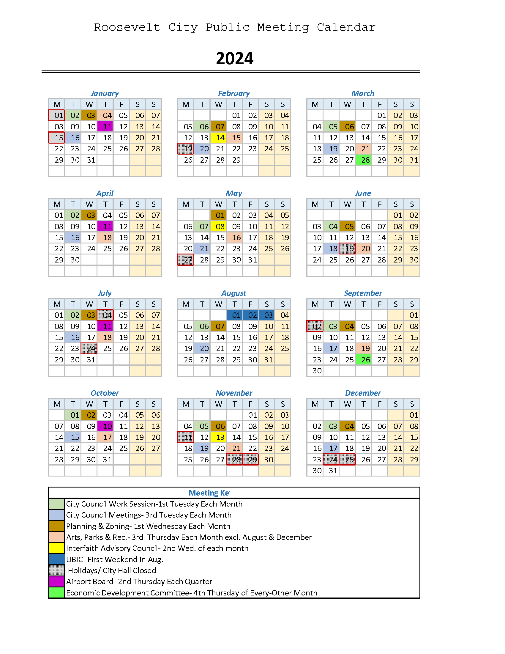 2024 Year at-a-glance calendar of Roosevelt City public meetings